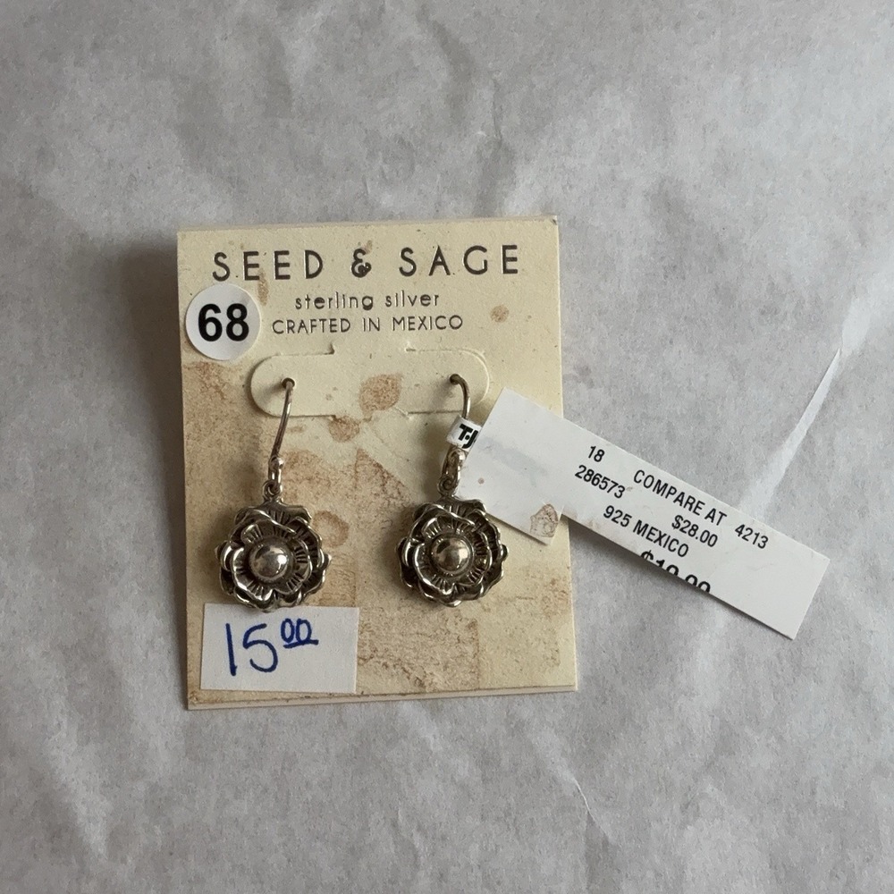 Seed & Sage Sterling Silver Flower Dangle Drop Earrings 925 Mexico 286573 Womens